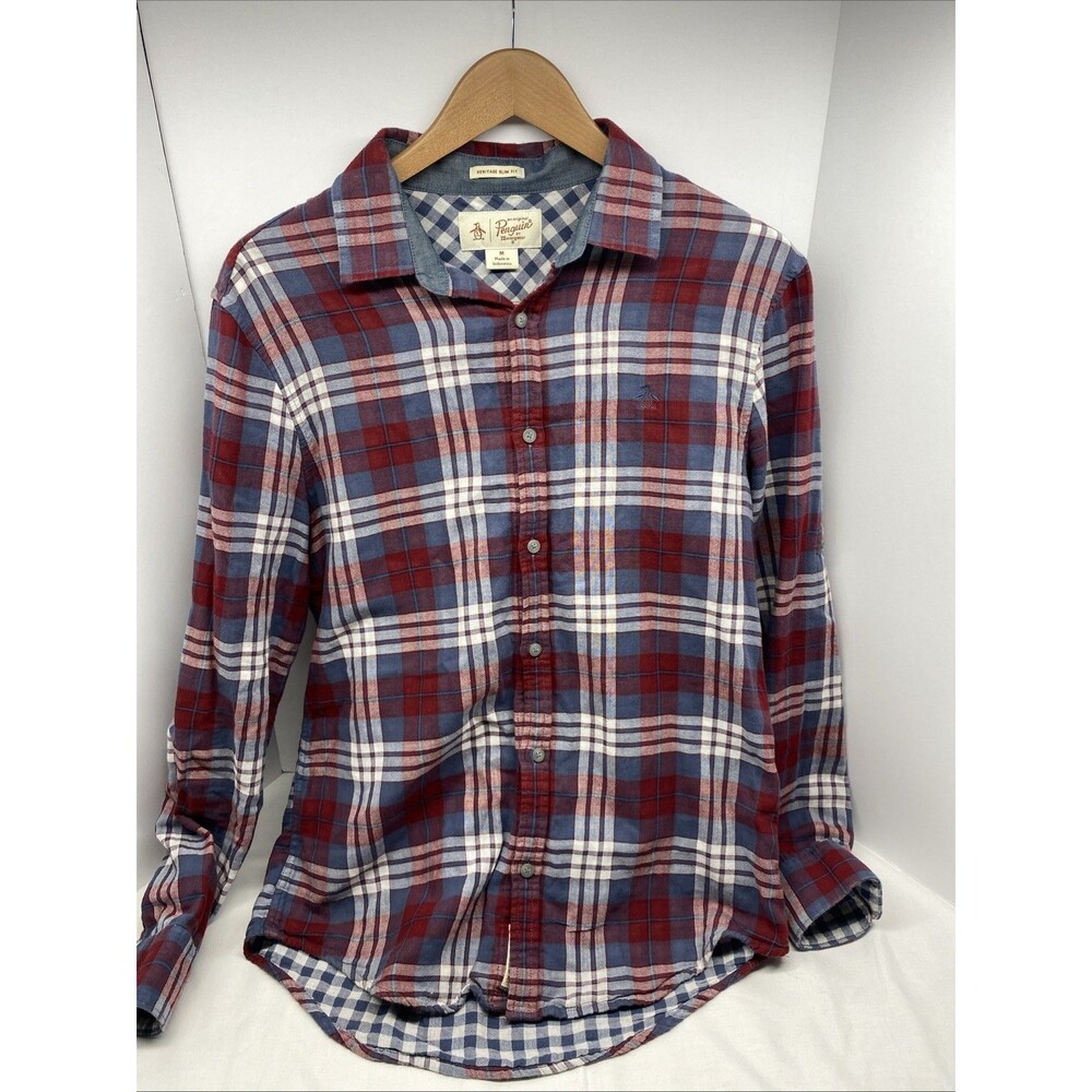 Original Penguin by Munsingwear Heritage Slim Fit Flannel Plaid Shirt M Red